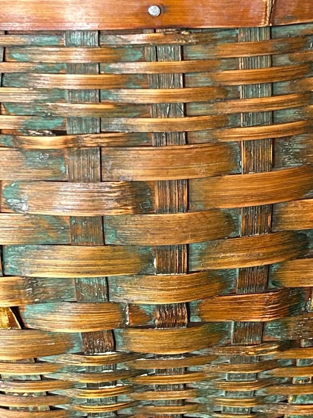 Vintage Handmade Split Wood Basket Planter Turquoise Patina Footed Boho Decor